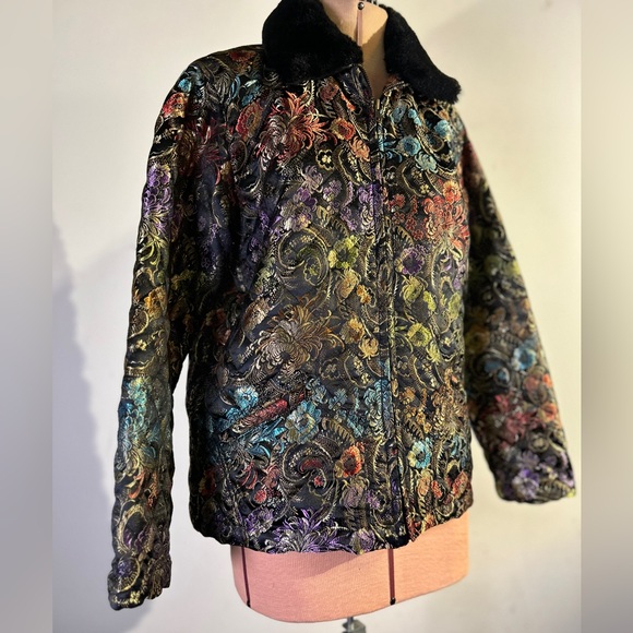 Vintage Chico Designs quilted fur collar rainbow floral brocade jacket size S - Picture 3 of 11